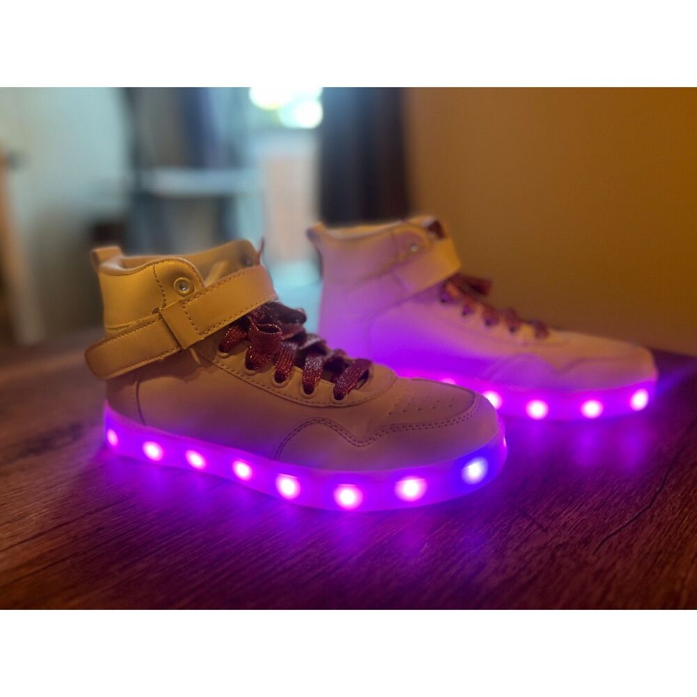 Kids LED Light Up High Top Sneakers Size 2.5 USB Rechargeable Pink Glitter Laces